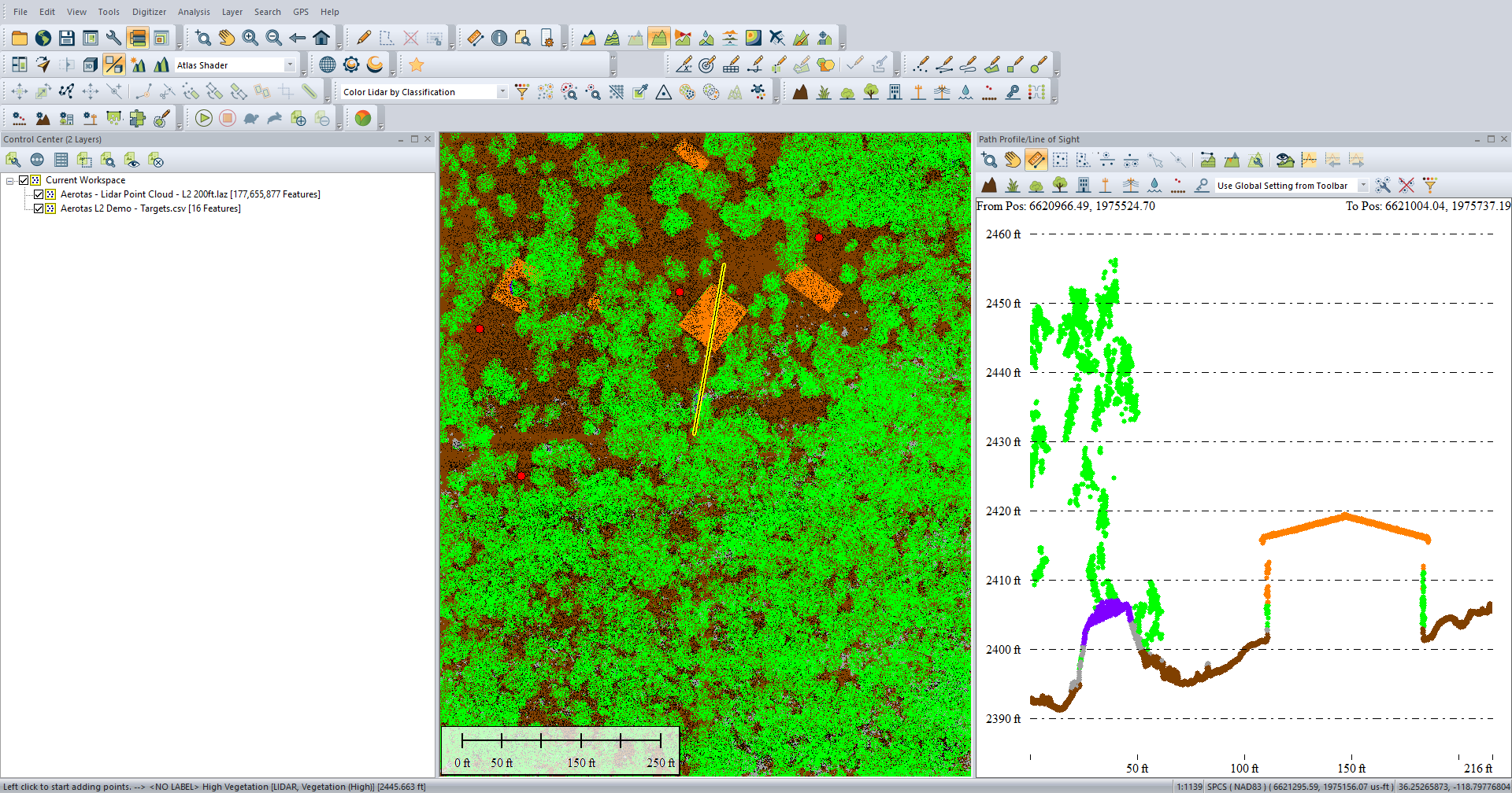 A cross section showing ground, building, vegetation, and other classifications